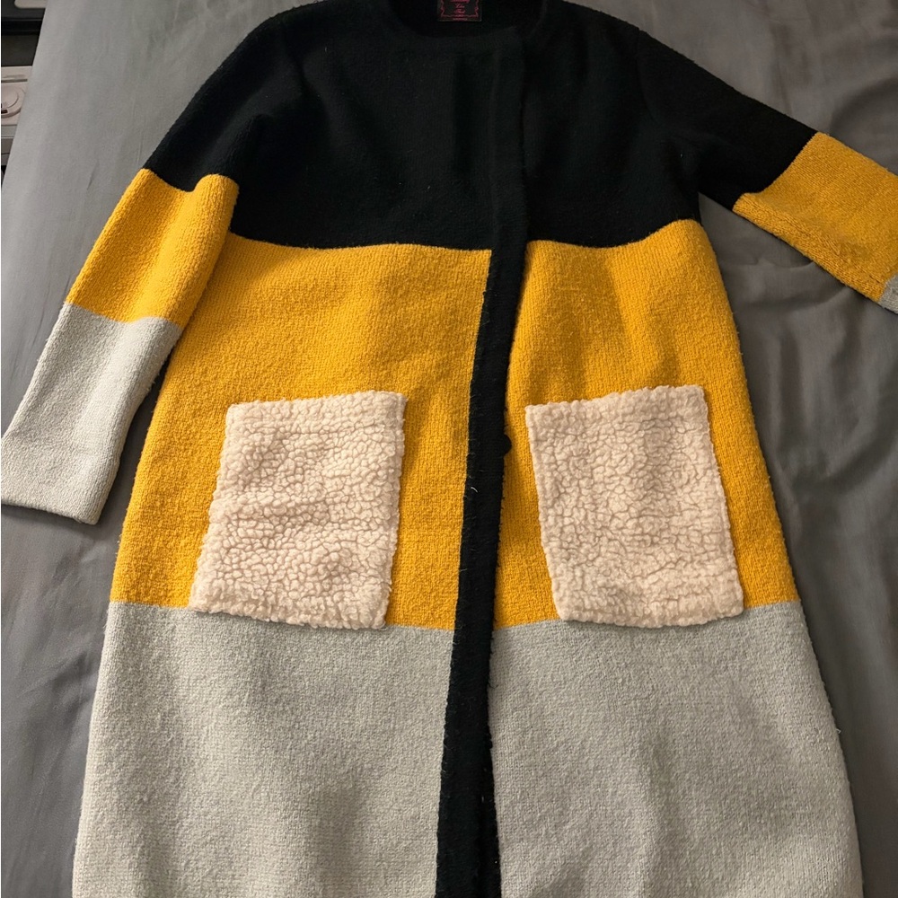 Colorblock Wool Blend Pea Coat with Sherpa Pockets - Black, Yellow, Light Gray